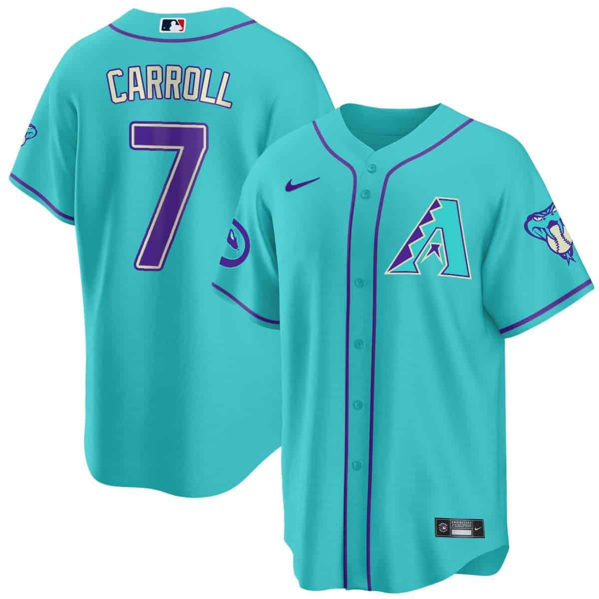 Men Arizona Diamondback #7 Carroll Light Blue Nike 2024 Teal Purple MLB Jersey style 2->customized nfl jersey->Custom Jersey